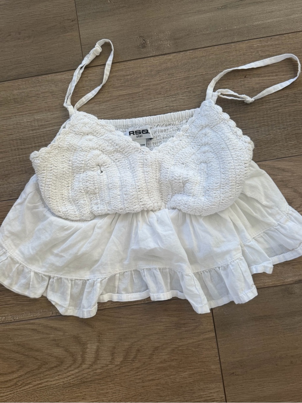 RSQ White Crochet Smocked Ruffle Camisole